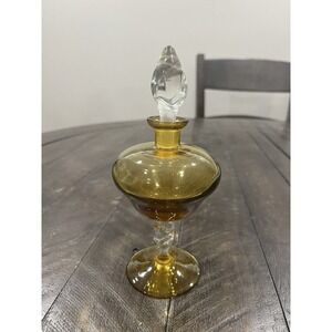 Vintage Handblown Amber Vanity Perfume Bottle with Clear Teardrop Shaped Stopper